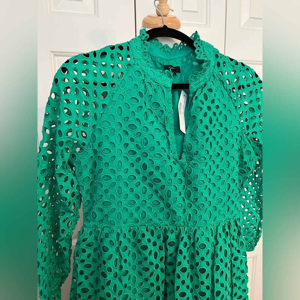 NWT J. Crew Green Eyelet Lace Tiered Long Sleeve Dress Size XS - Picture 3 of 5